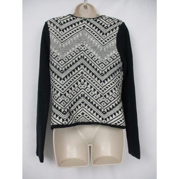 Lucky Brand Cardigan Sweater Womens Medium Aztec Southwestern Black White Zip Up - Picture 2 of 15